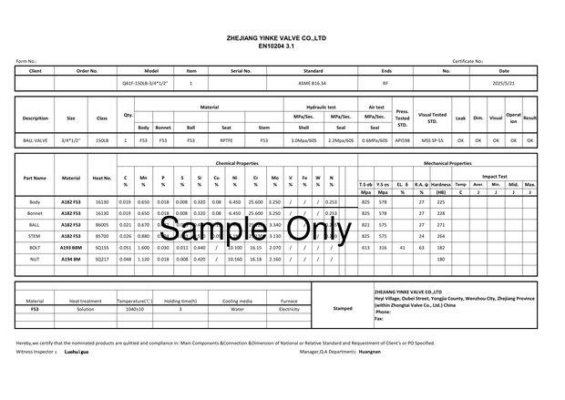 Redacted EN 10204 3.1 material test certificate sample for Yinke Valve