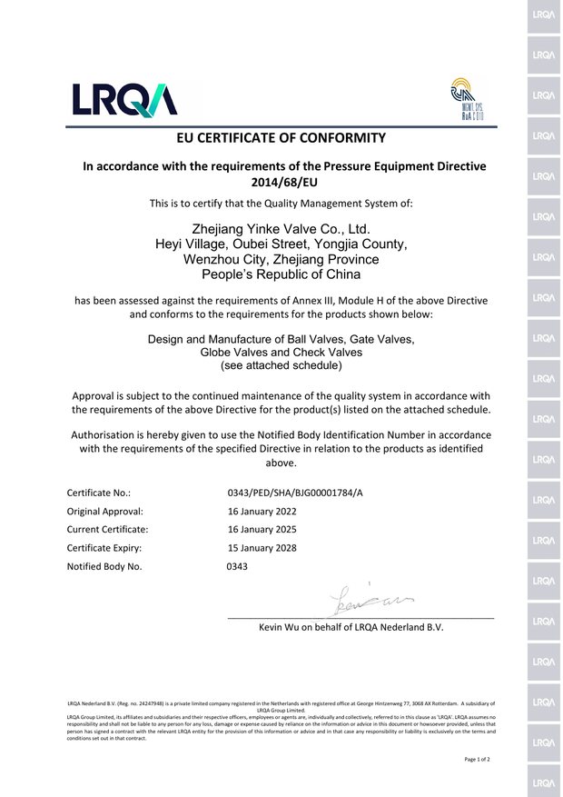 PED 2014 68 EU Module H certificate for Zhejiang Yinke Valve