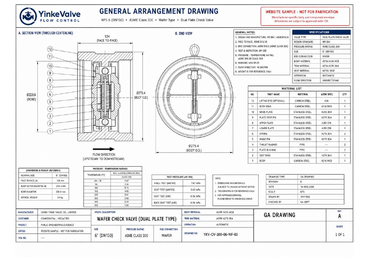 API 594 Dual Plate Wafer Check Valve GA Drawing preview