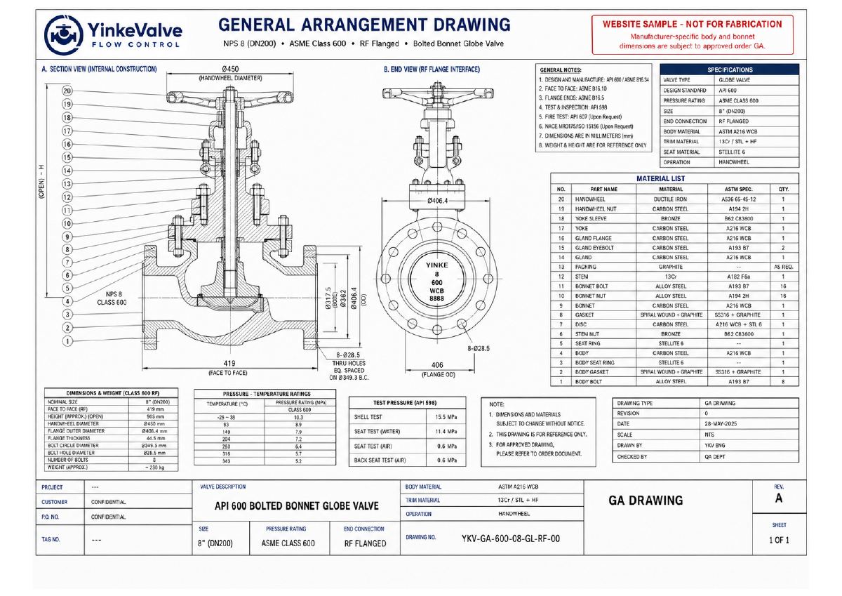 API 600 Bolted Bonnet Globe Valve GA Drawing preview