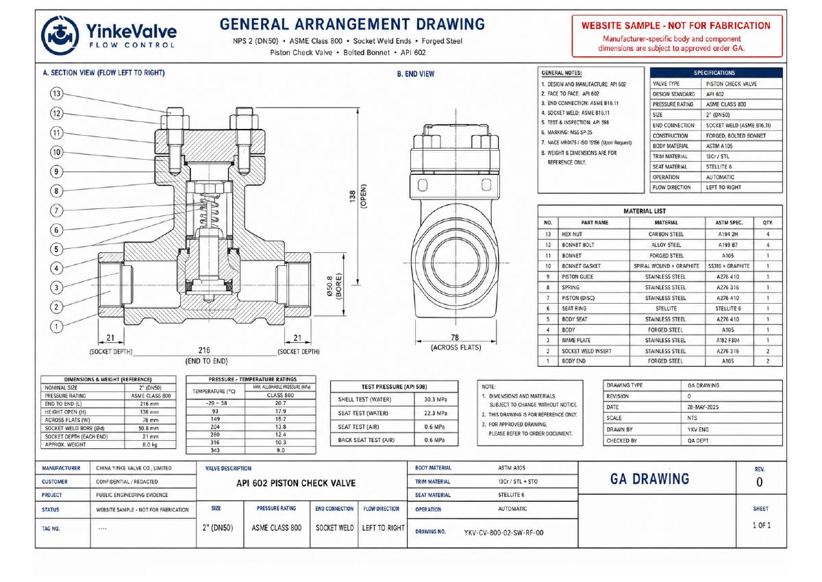 API 602 Piston Check Valve GA Drawing preview