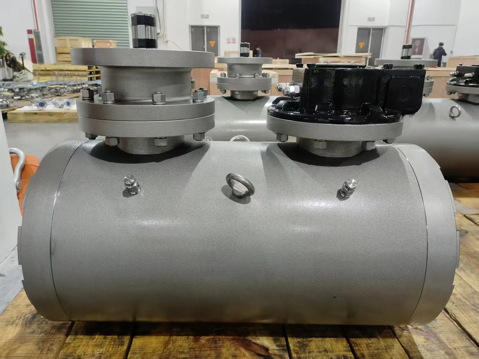 Batch of assembled industrial valves in the factory
