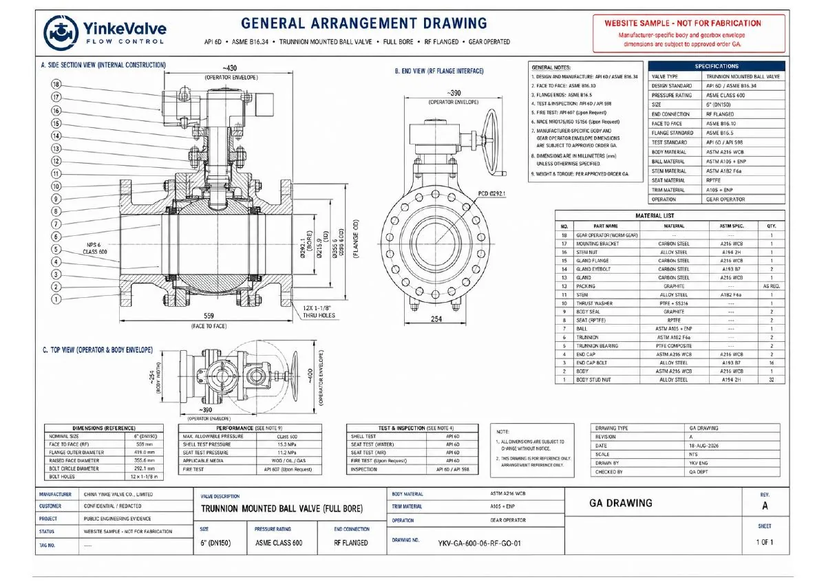 API 6D trunnion mounted ball valve GA drawing preview
